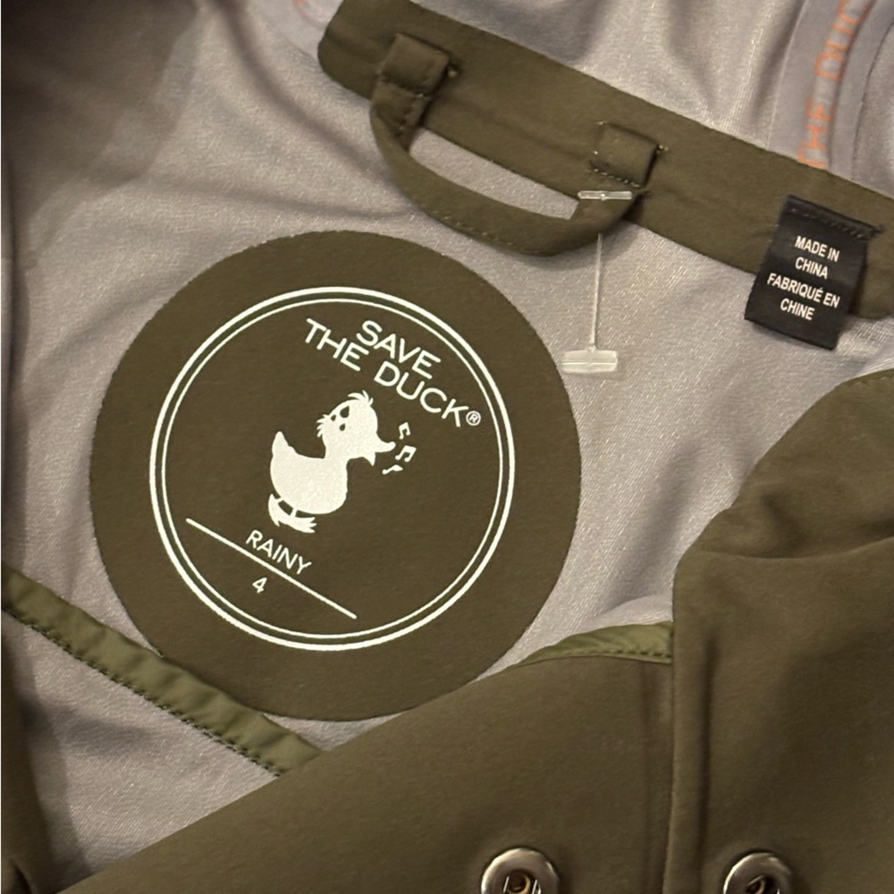 Save The Duck Kids Rainy Day Rain Jacket Coat 4 Olive Green Waterproof Unisex - Picture 7 of 8